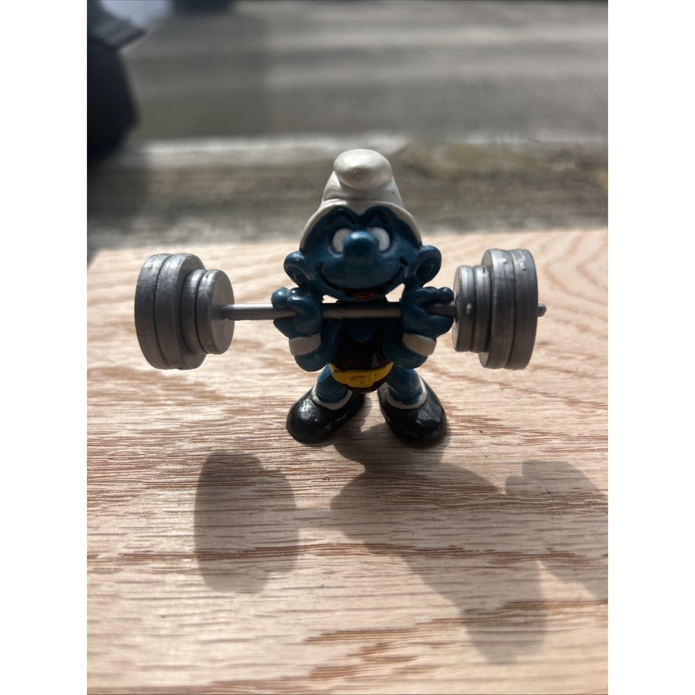 Vintage Super Smurf Weightlifter Barbell Figure Peyo Toy Schleich